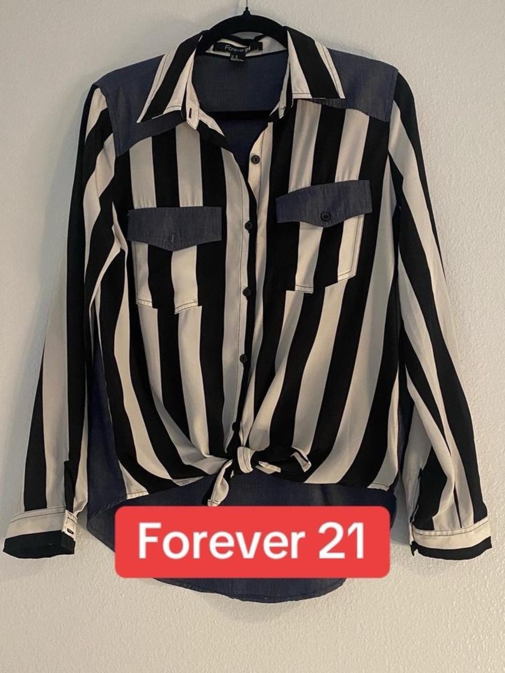 Forever 21 Black and White Vertical Stripe Button-Front Tie Hem Shirt